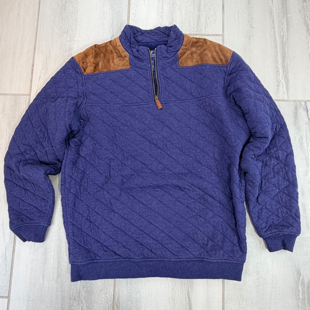Vineyard Vines Mens Quilted Quarter Zip Pullover Blue Leather Trim 1K0445 M